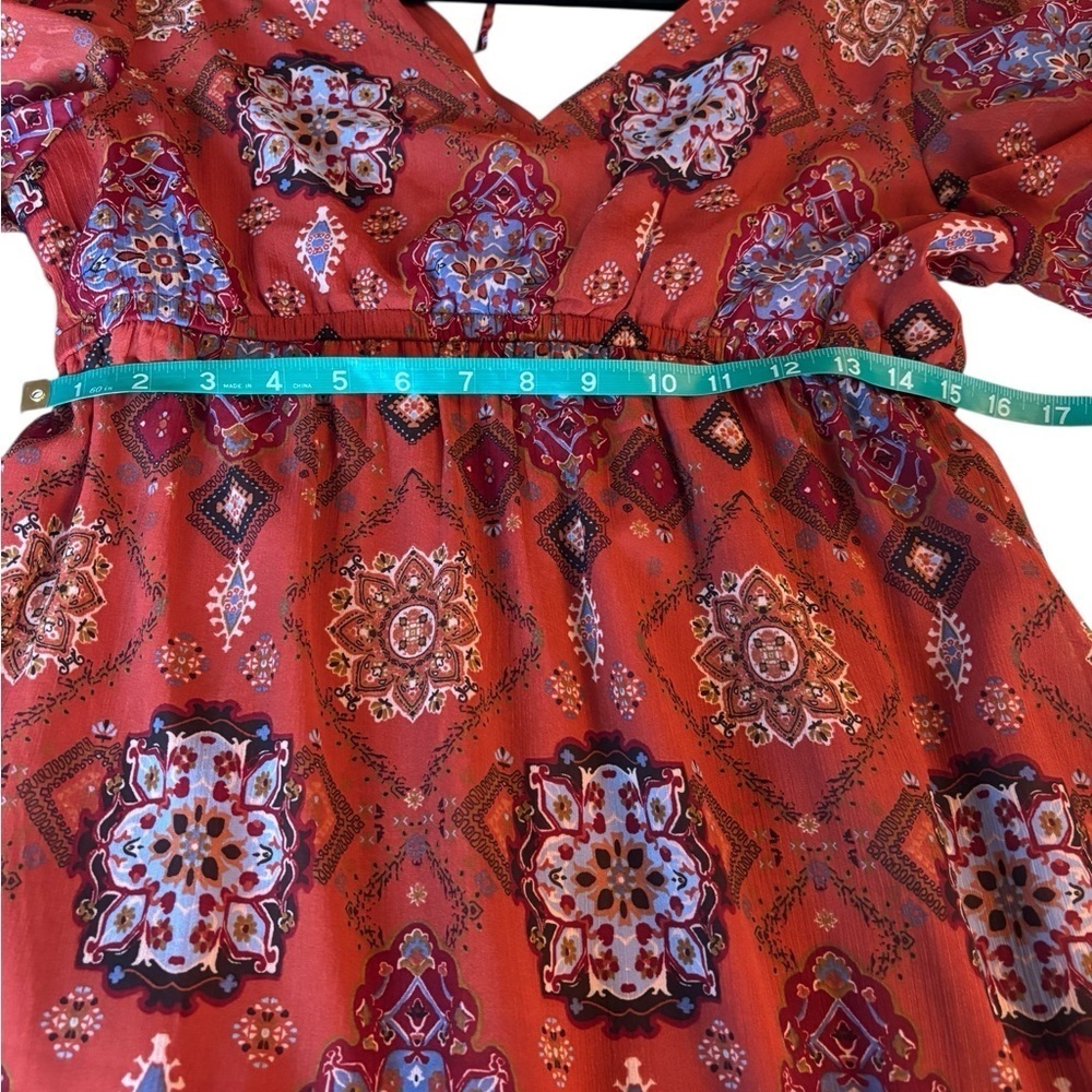 Maurice’s Medallion  Bohemian Rust High Low Patterned Midi Dress size Medium - Picture 10 of 16